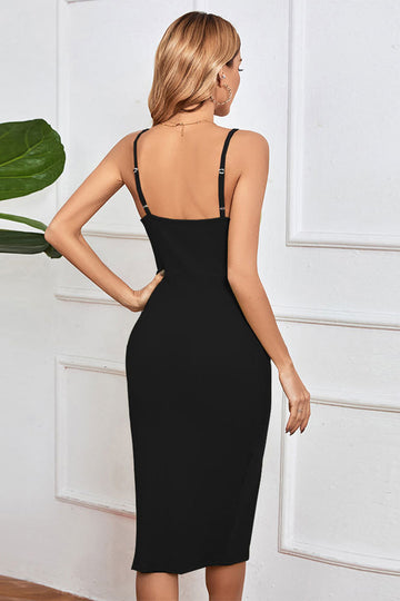 Schwarz Bodycon Spaghettiträger Abschlusskleid mit Schlitz